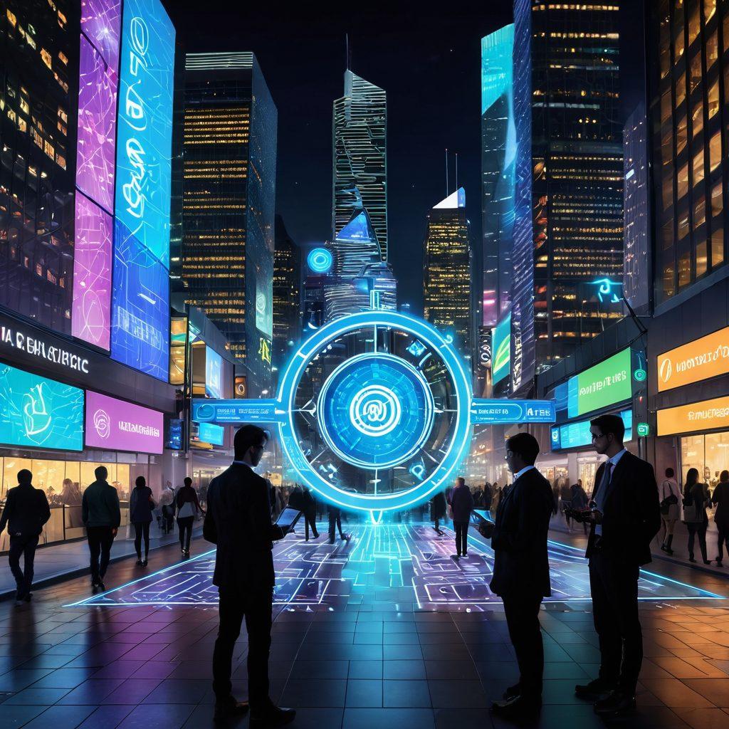 A futuristic cityscape showcasing digital money management tools in action, with vibrant holographic displays illuminating the streets. Include diverse people engaging with technology, such as smartphones and tablets, while exchanging ideas in a community setting. Incorporate symbols of innovation like gears and graphs to represent growth and development. The atmosphere should radiate enthusiasm and collaboration.