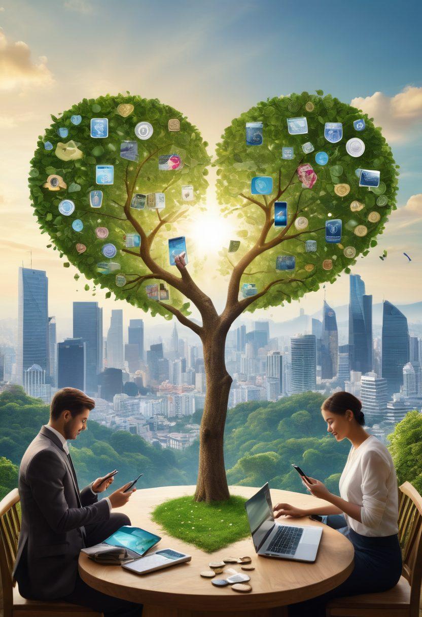 A warmhearted scene depicting a diverse group of people engaged with their smartphones and laptops, showcasing digital wallets and virtual banking apps. Surrounding them are symbols of love and finance, like heart-shaped banknotes and family trees made of coins. The background features a serene cityscape with greenery, representing growth and connection. The atmosphere should feel inviting and nurturing, encouraging financial devotion. super-realistic. vibrant colors. peaceful ambiance.