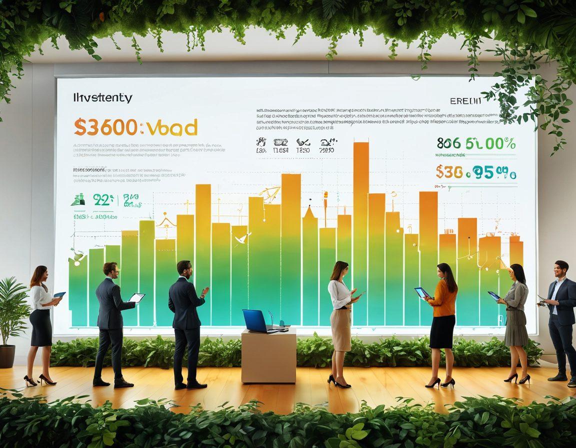 A dynamic scene depicting a diverse group of people happily exploring modern banking services, with symbols of savings growing into flourishing investments around them. Include digital interfaces showing graphs and stock trends, surrounded by lush greenery representing growth and prosperity. Emphasize a warm, inviting atmosphere with engaging technology elements. vibrant colors. 3D.
